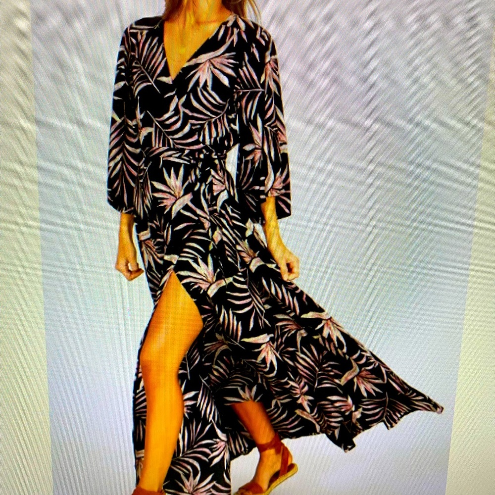 Amuse Society Black Maxi Dress with Pink Palm Print